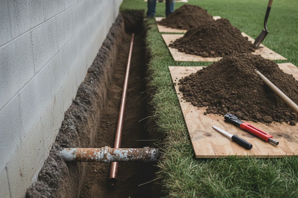 Excavated water line trench during Water Softener Installation in Hamilton City